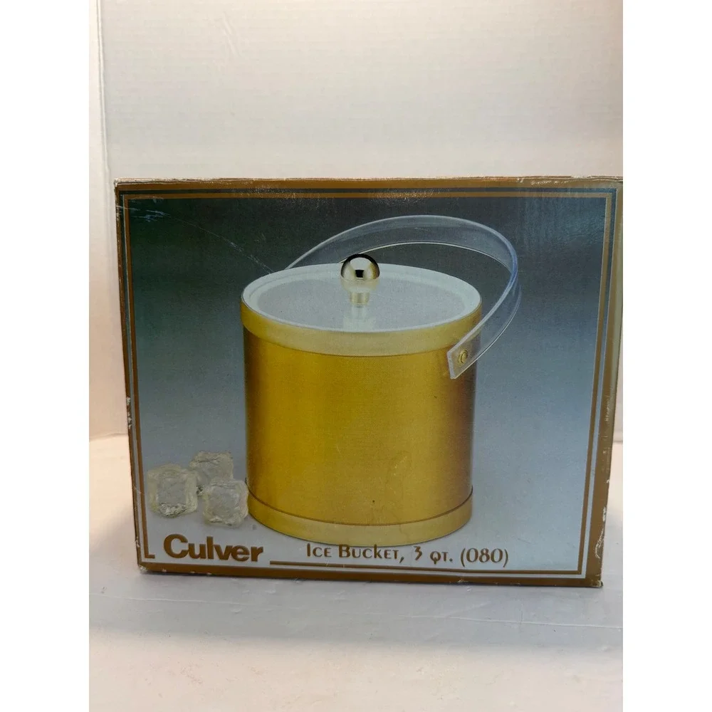 Culver Ice Bucket 3 Qt 080 Brushed Gold Acrylic Handle Vintage Barware NOS